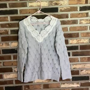 Light grey spring/ summer weight sweater with white lace trim.